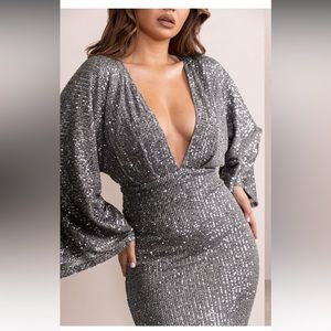 CLUB L LONDON DRESS SIZE 10 GUNMETAL GREY SEQUIN DRESS BELL SLEEVES- ADDED SLIT